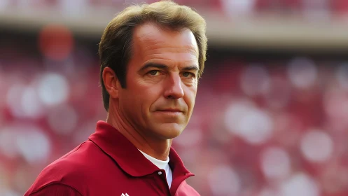Focused middle-aged man in red shirt at sports venue stands.