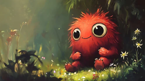 Red furry forest creature sits among glowing wildflowers