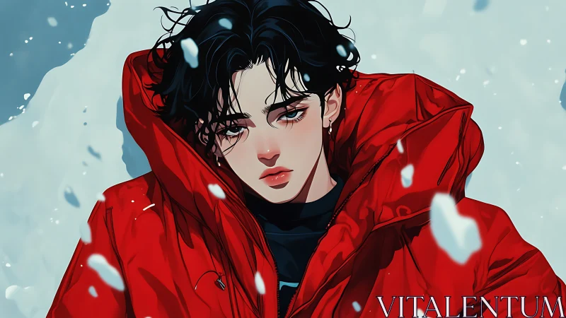 Young person in red parka lying on snow, anime style.