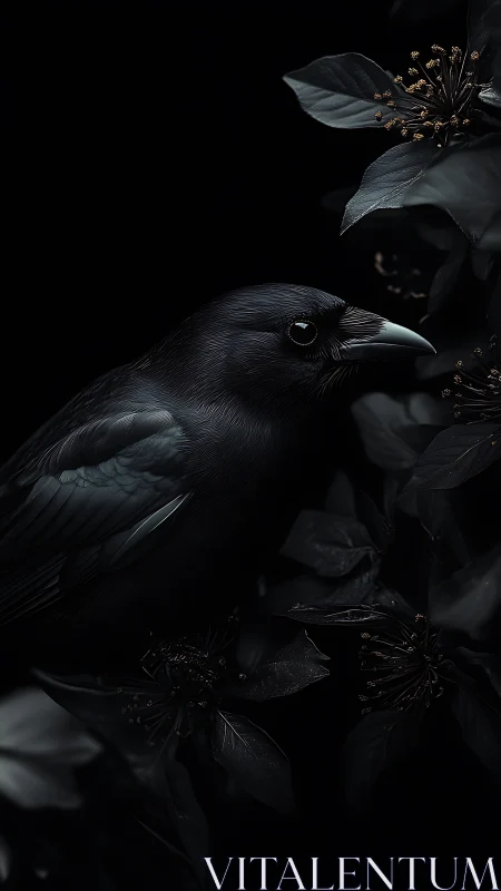 A Raven Perches Among Dark Flowers in Moody Elegance