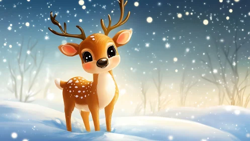 Snowlit baby deer illustration under gentle winter sky.
