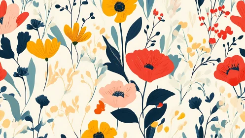 Botanical Illustration: Vibrant Wildflower Composition with Layered Foliage