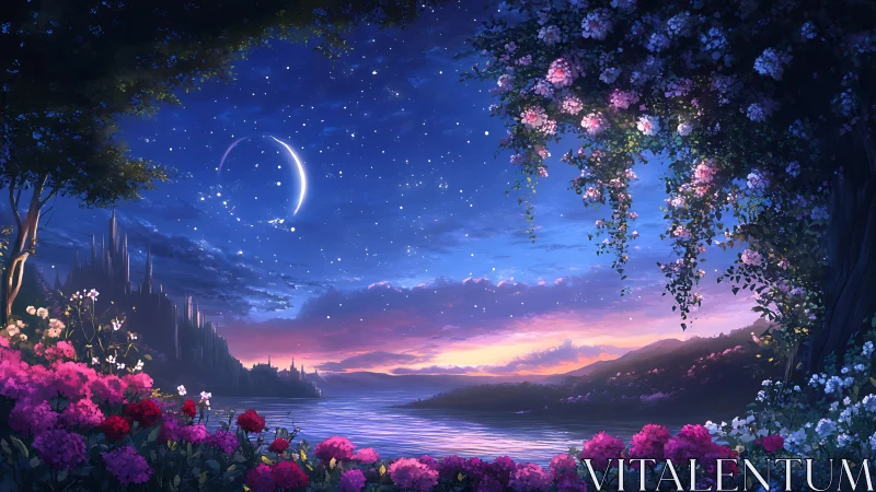 Moonlit blossom shore welcomes a dreamy starlit kingdom