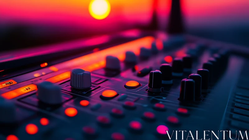 Sunset-lit audio mixer deck in vivid neon studio glow.