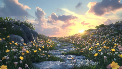 Stone path runs through dense wildflower field at sunset
