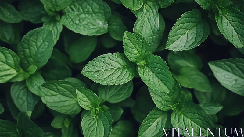 Overhead view records clustered green mint leaves in focus