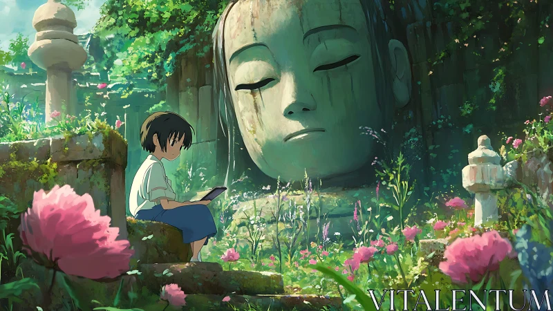 Solitary child studies beside colossal moss-covered statue