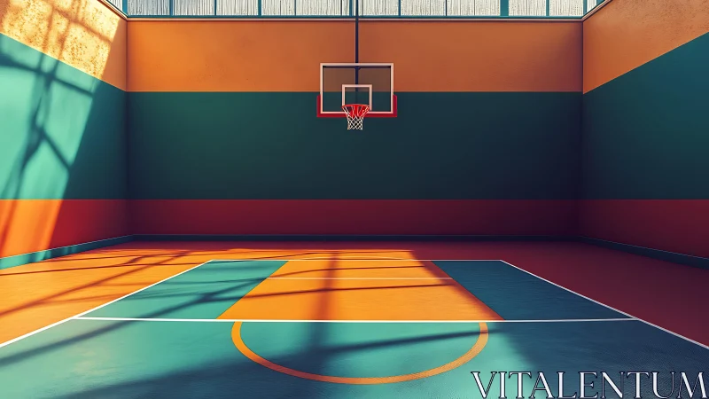 Sunlit indoor basketball court waits quietly for the next game