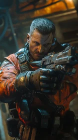 Battle-hardened sci fi soldier aiming rifle in combat