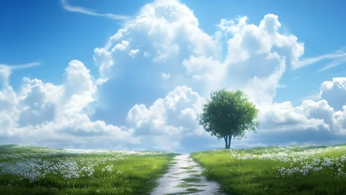 Sunlit meadow path drifting toward a lone dreaming tree.