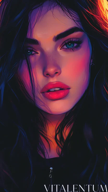 Electric neon portrait captures intense, enigmatic beauty