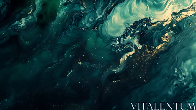 Fluid teal and gold pigment flows form layered swirling structures