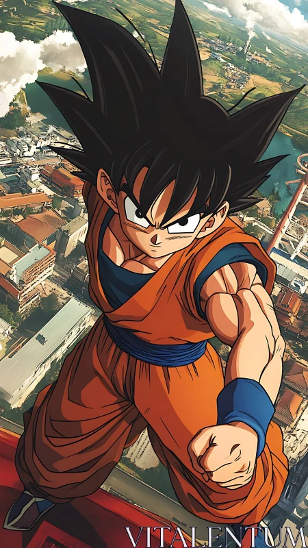 Anime fighter hovers above detailed industrial landscape