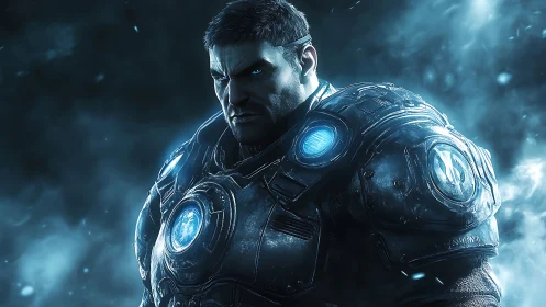 Armored sci fi soldier in blue powered combat exosuit.