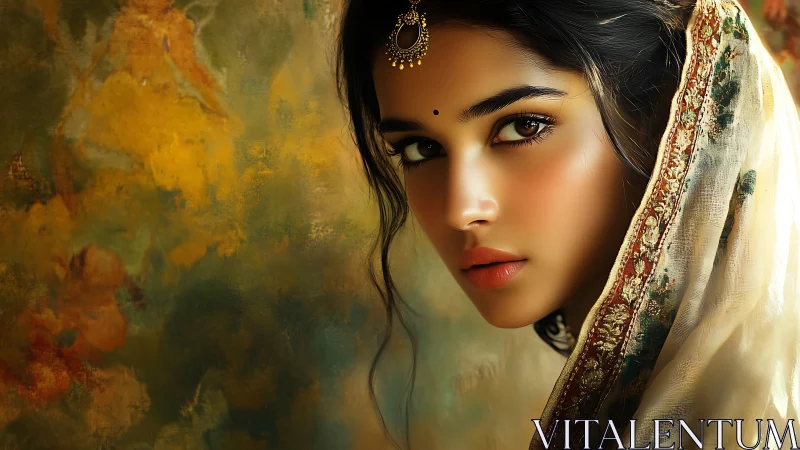 Soft-lit portrait of veiled woman beside golden florals.