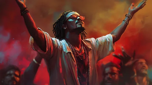 Joyful performer lifts arms in glowing, music-filled crowd