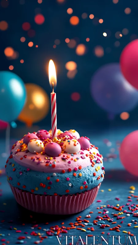 Colorful Birthday Cupcake with Lit Candle and Bokeh Backdrop.