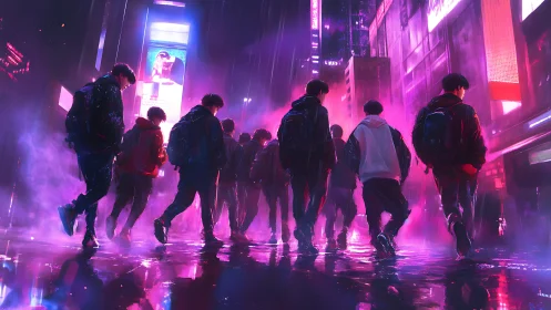 Neon-soaked youths crossing a rainy cyberpunk avenue at night.