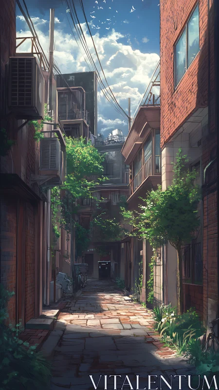 Sunlit brick alley with urban foliage and overhead utility lines.