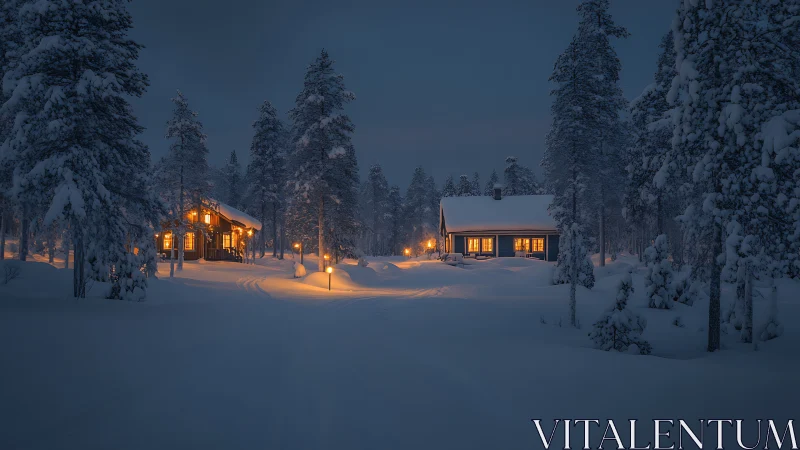 Snowy forest cabins glow warmly under a peaceful winter sky