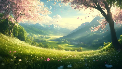 Idyllic alpine valley framed by luminous spring blossom trees