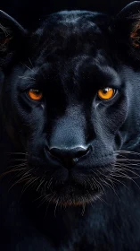 Black Panther Portrait with Luminous Amber Eyes on Dark Background.
