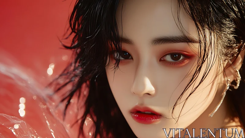 Scarlet gaze glimmers against water-slicked, fiery backdrop.