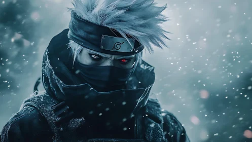 Calm masked ninja stands steady in a softly falling snowstorm.