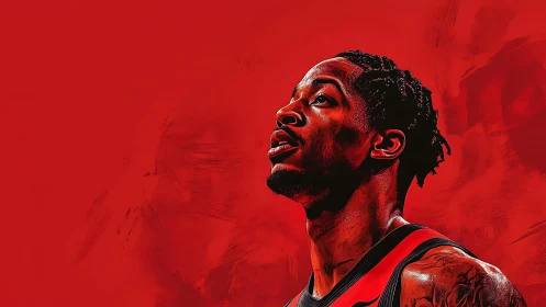 Digital portrait of basketball player on saturated red field.