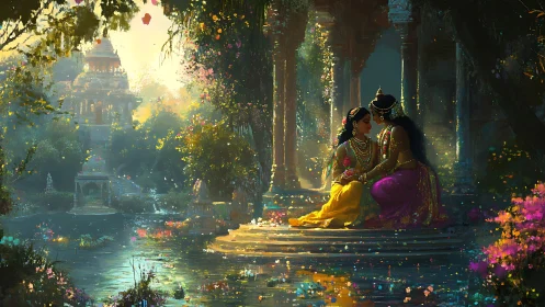 Divine lovers share a quiet moment by a luminous temple pond.