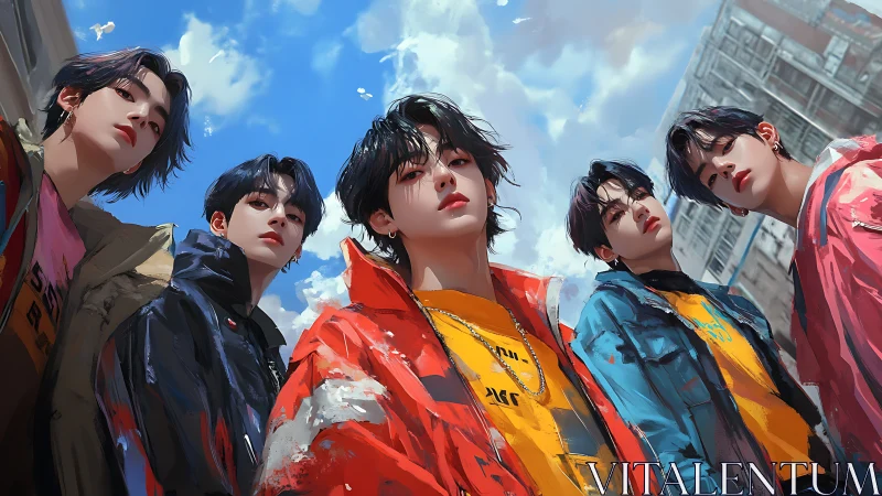 Stylish urban youth gaze upward beneath vivid blue skies