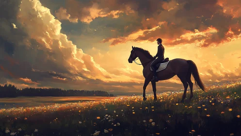 Golden hour rider pauses with a calm horse in wildflowers