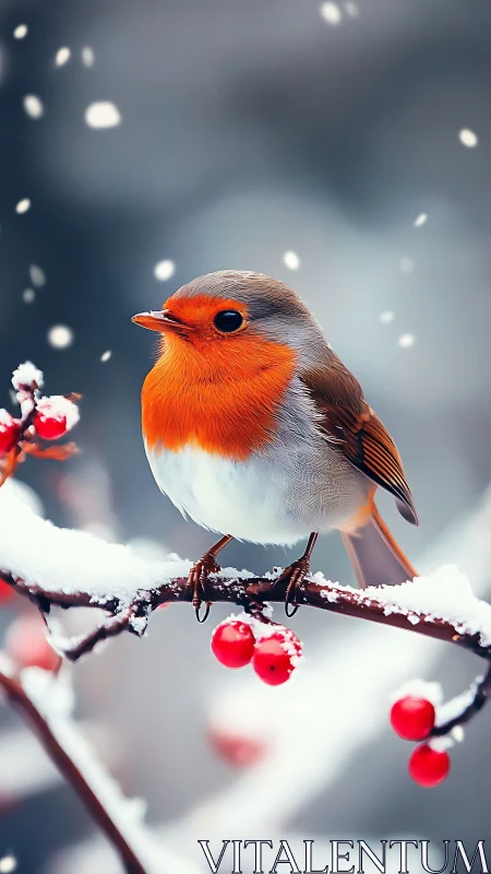 European robin on snowy berry branch in shallow depth of field