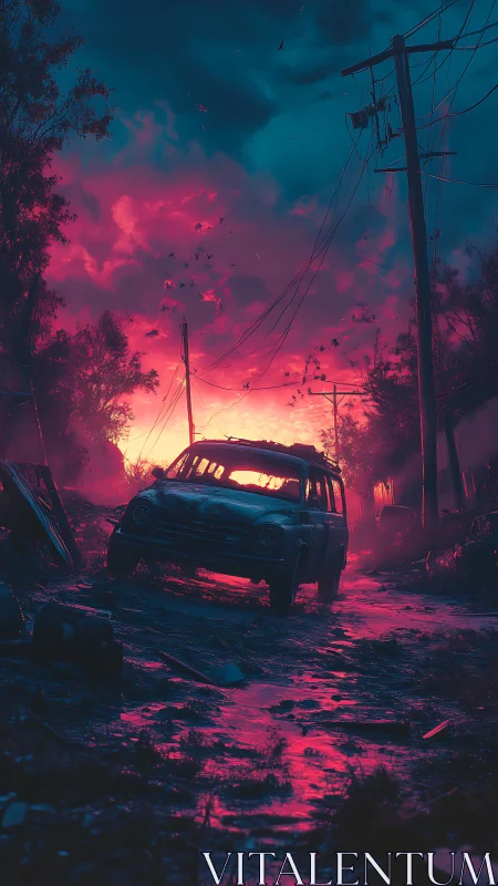 Chromatic post-apocalypse corridor with derelict utility car.