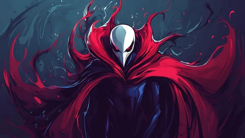 Cloaked humanoid figure with stylized red cape and mask.