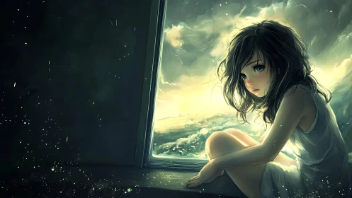 Melancholic girl gazes through a glowing stormlit window