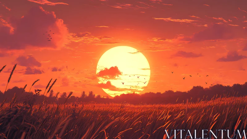 Fiery sunset dominates wheat field under glowing sky