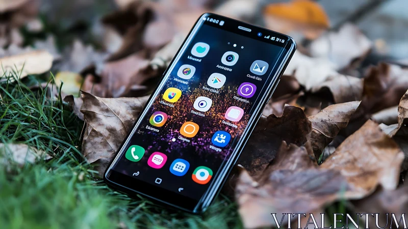 Smartphone rests amid autumn debris like glowing technology