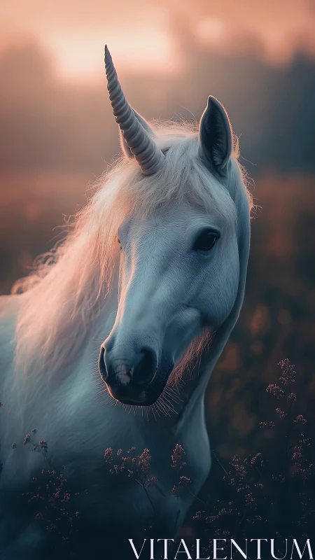 Twilight meadow unicorn pausing in rose-gold dreamlight.