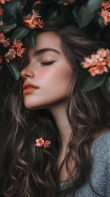 Portrait of serene young woman amid coral blossoms, side profile