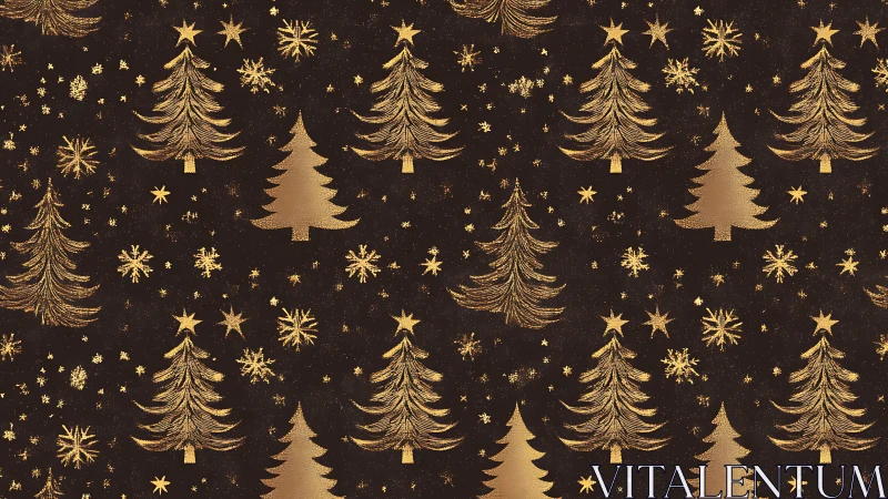 Golden Christmas tree and snowflake pattern repeats uniformly
