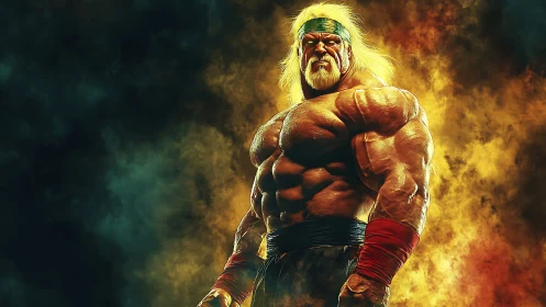 Inferno-forged elder warrior strides through blazing storm.