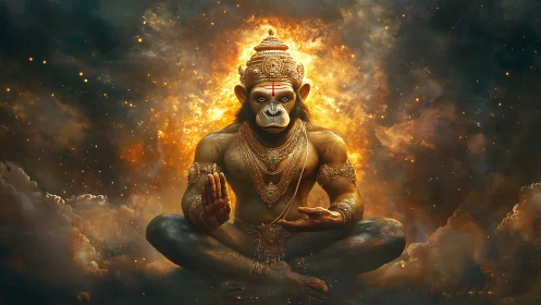 Divine simian warrior meditates in blazing celestial light