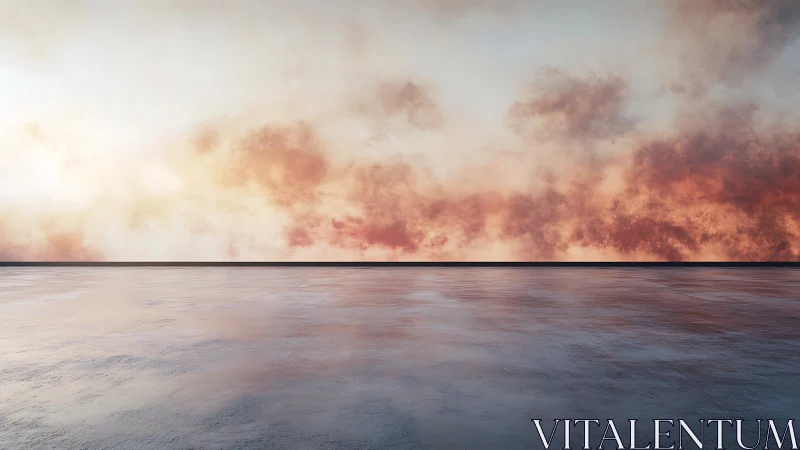 Minimalist horizon over reflective sea under fiery clouds