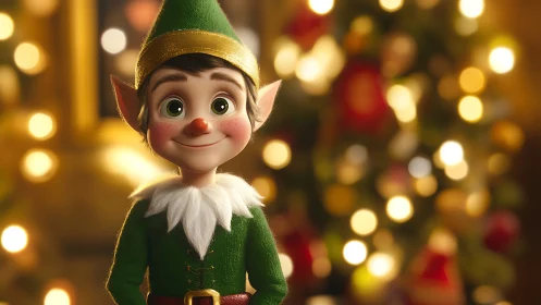 Cheerful Christmas elf portrait in warm bokeh lighting.
