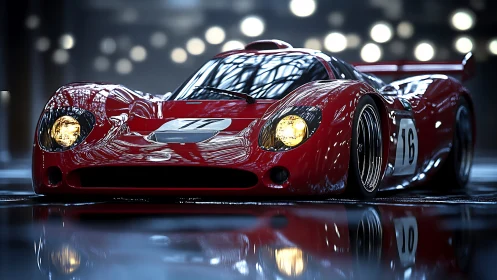 Sleek red race car glowing under soft city lights.