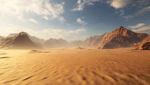 Golden desert plain under soft mountains and open sky.