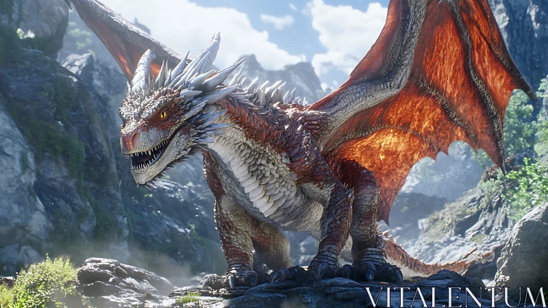 Sunlit mountain wyrm poised above a shattered stone pass.