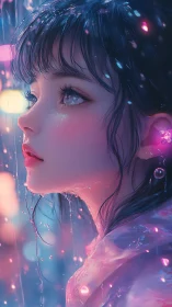 Neon rain portrait isolates reflective wet skin and bokeh lighting