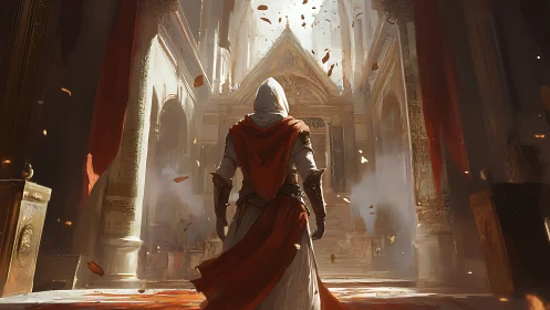 Hooded crusader entering volumetric lit cathedral nave.